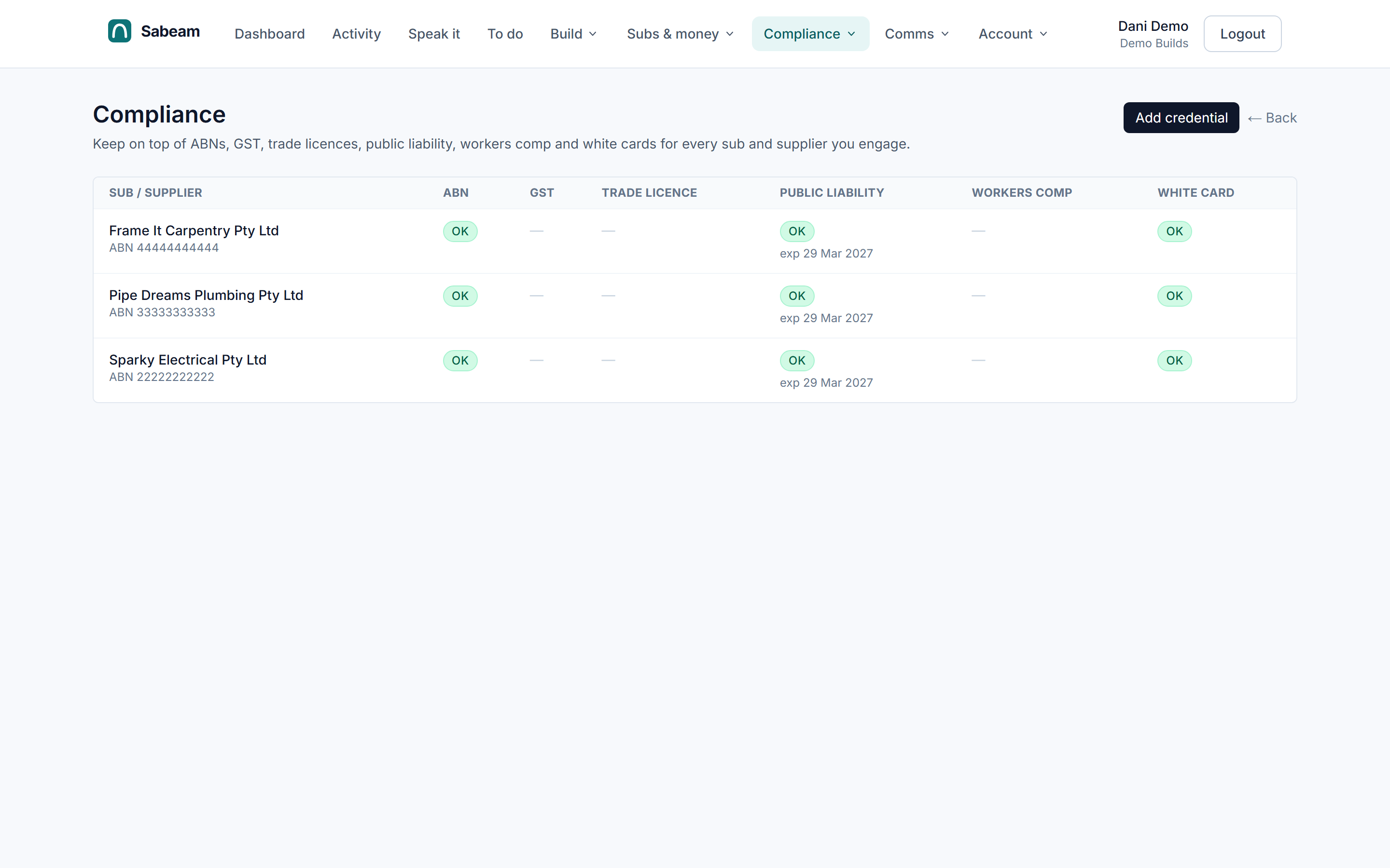 Compliance & TPAR — Sabeam UI