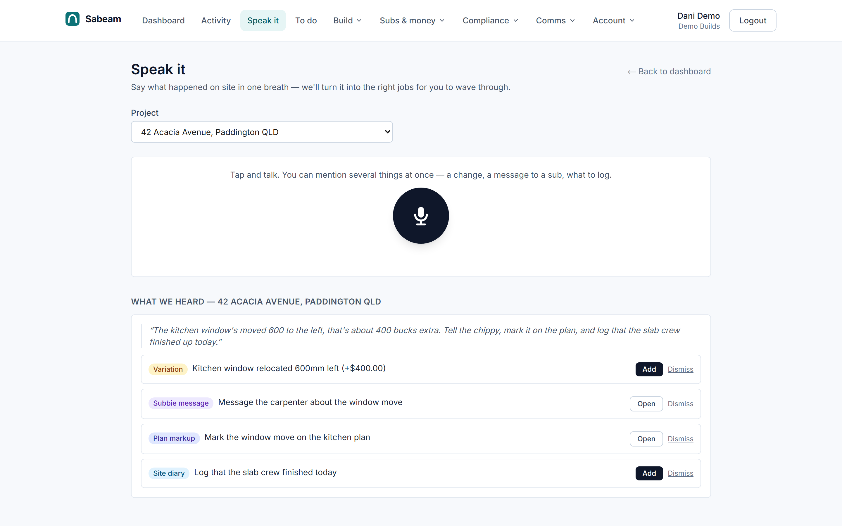 Speak it → done — Sabeam UI